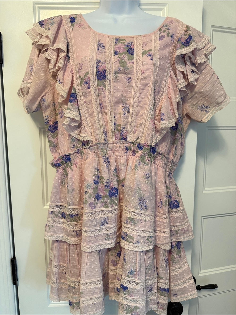 LoveShackFancy Blush Pink Floral Ruffle Tiered Mini Dress